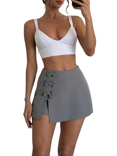 SOLY HUX Damen Rock Elegant Minirock Kurzer Hosenrock mit Schleifendekor Elegant Figurbetonter Freizeitrock Office Casualrock Herbstrock Grau M von SOLY HUX