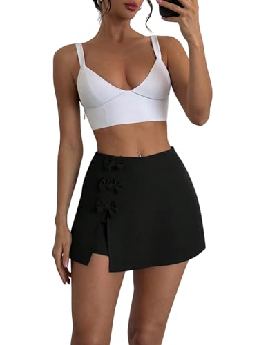 SOLY HUX Damen Rock Elegant Minirock Kurzer Hosenrock mit Schleifendekor Elegant Figurbetonter Freizeitrock Office Casualrock Herbstrock Schwarz L von SOLY HUX