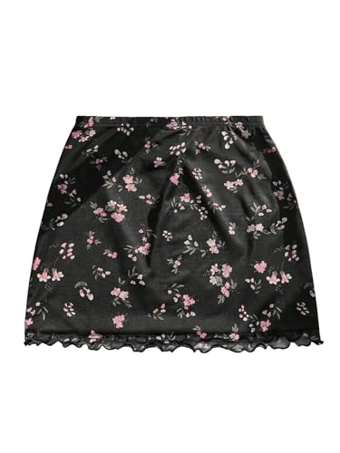 SOLY HUX Damen Rock Elegant Minirock mit Blumen Figurbetonter Röcke Hoche Taille Bodycon Freizeitrock Y2K Casualrock Geblümt Partyrock Sommerrock Schwarz L von SOLY HUX