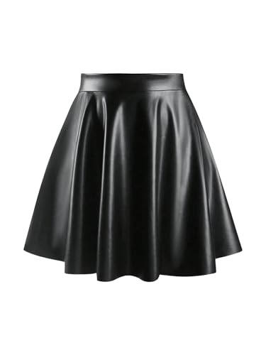 SOLY HUX Damen Rock Elegant PU Lederrock Knielang Skater Rock Faltenrock Y2K Partyrock Freizeitröcke mit Hohe Taille Schwarz M von SOLY HUX