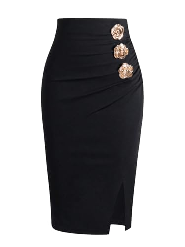 SOLY HUX Damen Rock Enger Elegant Knielant Bleistiftrock mit Blumendeko Figurbetont Midirock mit Schlitz Business Casualrock Herbst Outfit Schwarz XL von SOLY HUX