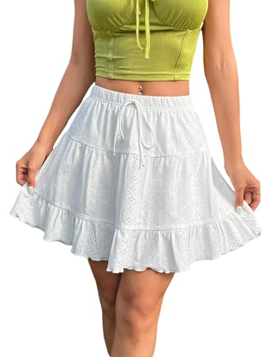 SOLY HUX Damen Rock Hohe Taille Sommerrock Boho Minirock mit Rüschensaum Sommer Röcke mit Öse Stickereien Kurzer Freizeitrock Casualrock Weiß S von SOLY HUX
