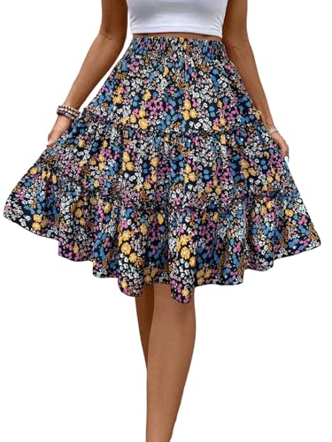 SOLY HUX Damen Rock Knielang Sommerrock Bohmisch Blümchenmuster Freizeitrock A Linie Midirock Sommer Urlaubsrock Hohe Taille Casual Röcke Schwarz S von SOLY HUX