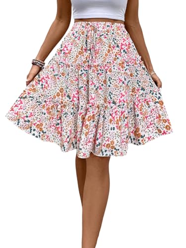 SOLY HUX Damen Rock Knielang Sommerrock Bohmisch Blümchenmuster Freizeitrock A Linie Midirock Sommer Urlaubsrock Hohe Taille Casual Röcke Weiß L von SOLY HUX