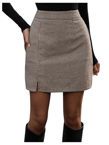 SOLY HUX Damen Rock Kurz Rock Elegant Minirock Winter Freizeitrock Vintage Hahnentrittmuster Graderock Enger Röcke Braun und Schwarz XL von SOLY HUX