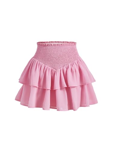 SOLY HUX Damen Rock Kurz Skaterrock A Linien Kurzrock Geraffter Taille Kuchen Rock Partyrock Y2K Freizeitrock Sommerrock Rosa M von SOLY HUX