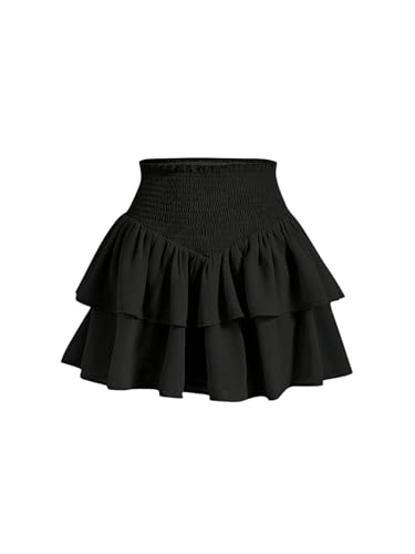 SOLY HUX Damen Rock Kurz Skaterrock A Linien Kurzrock Geraffter Taille Kuchen Rock Partyrock Y2K Freizeitrock Sommerrock Schwarz M von SOLY HUX