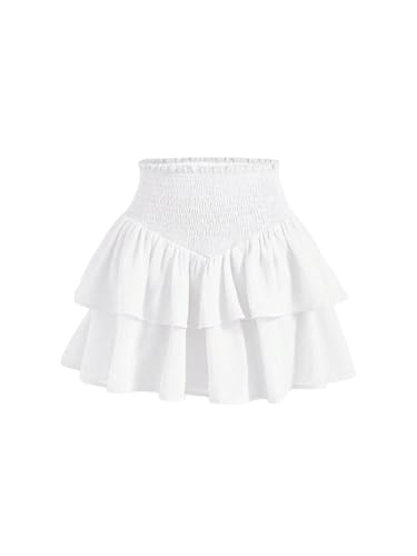 SOLY HUX Damen Rock Kurz Skaterrock A Linien Kurzrock Geraffter Taille Kuchen Rock Partyrock Y2K Freizeitrock Sommerrock Weiß XXS von SOLY HUX