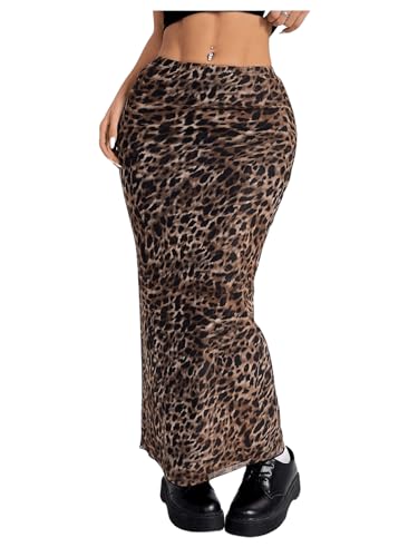 SOLY HUX Damen Rock Langer Rock Bodycon mit Leopardmuster Mesh Stretchrock Bleistiftrock Vintage Freizeitrock Y2K Rock Braun M von SOLY HUX