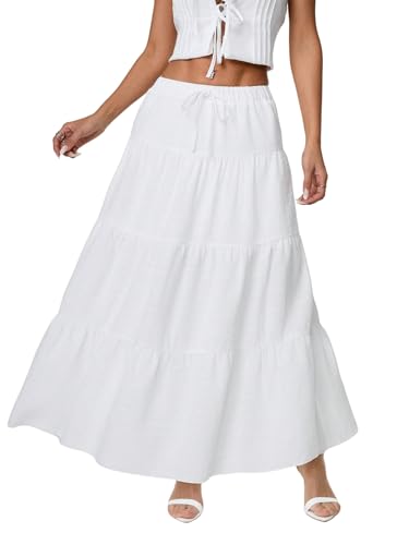 SOLY HUX Damen Rock Langer Sommerrock Boho Maxirock Locker A Linie Casualrock Mehrlagiger Freizeitrock Urlaub Strandrock mit Knoten Weiß S von SOLY HUX