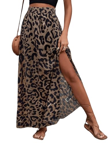 SOLY HUX Damen Rock Maxirock Leoparden Casualrock mit Schlitz Leicht Sommer Röcke Boho Freizeitrock Hohe Taille Partyrock Braun S von SOLY HUX