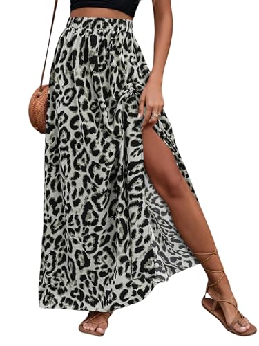 SOLY HUX Damen Rock Maxirock Leoparden Casualrock mit Schlitz Leicht Sommer Röcke Boho Freizeitrock Hohe Taille Partyrock Grau XL von SOLY HUX