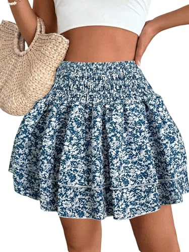 SOLY HUX Damen Rock Sommer Böhmisch A-Linien Röcke Blumenmuster Kurz Freizeitrock Hohe Taille Sommerrock Mehrschichtig Casualrock Strandoutfit Blau S von SOLY HUX