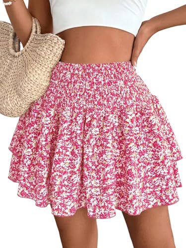 SOLY HUX Damen Rock Sommer Böhmisch A-Linien Röcke Blumenmuster Kurz Rock Hohe Taille Sommerrock Mehrschichtig Casualrock Strandoutfit Rosa XS von SOLY HUX