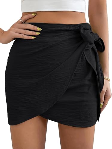 SOLY HUX Damen Rock Sommer Elegant Röcke mit Knoten Hohe Taille Wickelrock Einfarbig Minirock Kurz Casualrock Partyrock Sommerrock Schwarz S von SOLY HUX