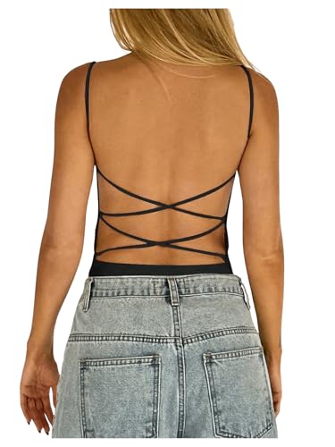 SOLY HUX Damen Rückenfrei Camitop Kreuzgurt Spaghettiträger Top Y2K Sommertop Ärmellos Partytop Trägertop Casualtop Schwarz XS von SOLY HUX