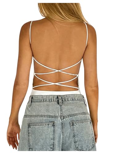 SOLY HUX Damen Rückenfrei Camitop Kreuzgurt Spaghettiträger Top Y2K Sommertop Ärmellos Partytop Trägertop Casualtop Weiß XS von SOLY HUX