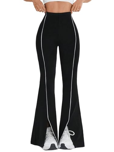 SOLY HUX Damen Schlagehose Elegant Hose Lang Stretch Jogginghose mit Schlitz High Waist Freizeithose Schlagleggings Sporthose Yogahose Schwarz S von SOLY HUX