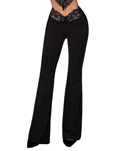 SOLY HUX Damen Schlaghose Elegant Schlank Hose mit Spitzen Elastischer Bund Lange Hosen Freizeithose Yogahose Y2K Outfit Schwarz XS SOLY HUX Damen Schlaghose Elegant Schlank Hose mit Spitzen Elastischer Bund Lange Hosen Freizeithose Yogahose Y2K Outfit Schwarz XS von SOLY HUX