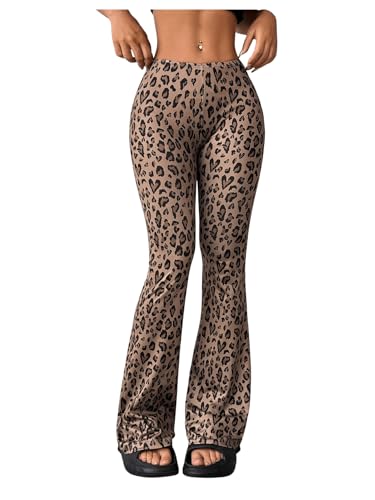 SOLY HUX Damen Schlaghose Lange Hose Y2K Leoparden Hose Freizeithosen Party Hose Leoprint Schlag Leggings mit Elastischem Bund Braun L von SOLY HUX
