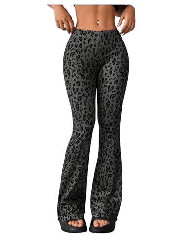 SOLY HUX Damen Schlaghose Lange Hose Y2K Leoparden Hose Freizeithosen Party Hose Leoprint Schlag Leggings mit Elastischem Bund Grau M von SOLY HUX