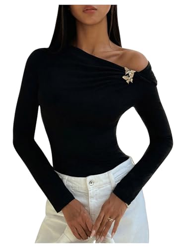 SOLY HUX Damen Schulterfrei Oberteil T-Shirt Langarm Off-Shoulder Casualshirt Langarmshirt Mode Tops Elegant Oberteile mit Metalldekor Schwarz XS von SOLY HUX