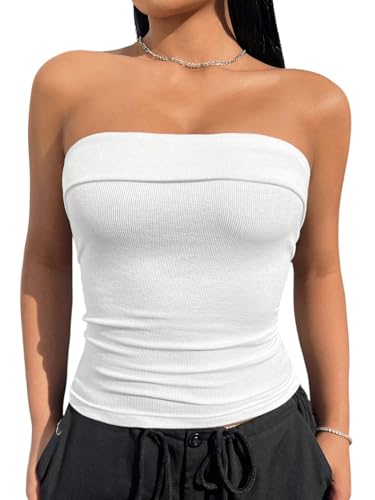 SOLY HUX Damen Schuterfrei Tops Crop Top Trägerlos Sommer Top Y2K Tube Top Bauchfrei Oberteile Bandeau Tops Partytop Weiß L von SOLY HUX