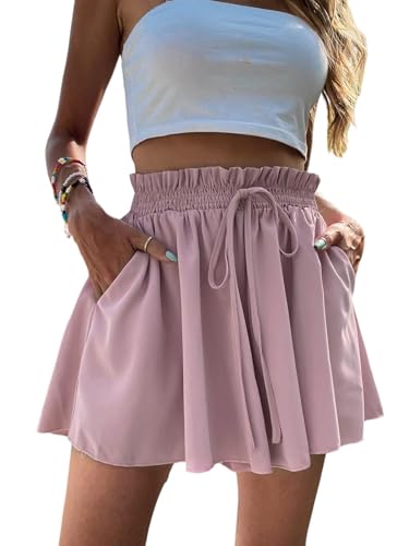 SOLY HUX Damen Short Weites Bein Sommershort Hohe Taille Kurze Hose Sommer Hosenrock mit Taschen Locker Freizeitshorts Elastischer Bund Strandhose Grau-Rosa XL von SOLY HUX