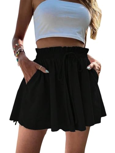 SOLY HUX Damen Short Weites Bein Sommershort Hohe Taille Kurze Hose Sommer Hosenrock mit Taschen Locker Freizeitshorts Elastischer Bund Strandhose Schwarz L von SOLY HUX
