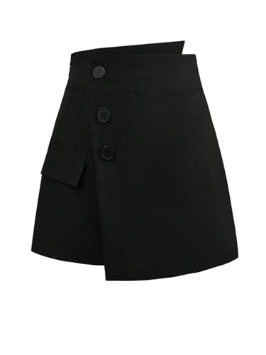 SOLY HUX Damen Shorts Asymmetrisch Freizeitshorts Kurze Hose Freizeitshorts Casualshorts Hosenrock mit Knöpfe Reißverschluss Hosen Schwarz M von SOLY HUX