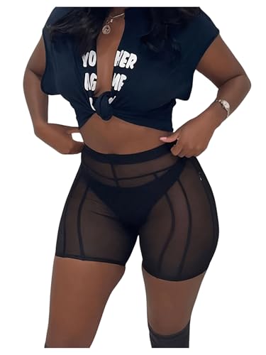SOLY HUX Damen Shorts Durchsichtig Mesh Hose Kurze Booty Mesh Shorts Party Shorts Festival Outfit mit Elastischem Bund Schwarz S von SOLY HUX