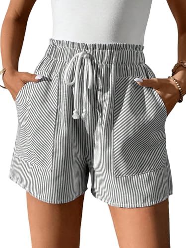 SOLY HUX Damen Shorts Gestreifte Sommershorts Hohe Taille Kurze Hose mit Taschen Damenshorts Sommer Freizeitshorts mit Tunnelzug Grau L von SOLY HUX