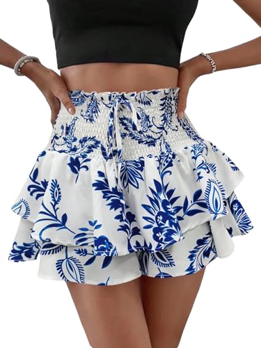 SOLY HUX Damen Shorts Hohe Taille Sommershorts Blumenmuster Short mit Knoten Elastischer Bund Damenshorts Boho Hosenrock Sommer Kurze Hose Skort Blau XL SOLY HUX Damen Shorts Hohe Taille Sommershorts Blumenmuster Short mit Knoten Elastischer Bund Damenshorts Boho Hosenrock Sommer Kurze Hose Skort Blau XL von SOLY HUX