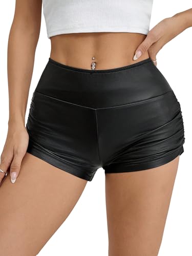 SOLY HUX Damen Shorts PU Leder Minishorts Gerafft Leggings Hohe Taille Sommershort Y2K Kurze Hose Party Hotpants Casual Ledershorts Short Schwarz XXS von SOLY HUX