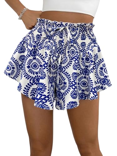 SOLY HUX Damen Shorts Sommer Casualshort mit Blumenmuster Locker Kurze Hose Boho Bermuda Hotpants Strand Shorts Hohe Taille Freizeitshort mit Knoten Blau XL von SOLY HUX