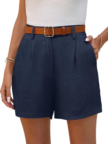 SOLY HUX Damen Shorts Sommer Leinen Short Kurze Hose Hohe Taille Sommershorts mit Taschen Büro Casualshort Freizeitshorts Dunkelblau M von SOLY HUX