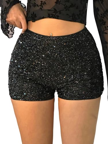 SOLY HUX Damen Shorts mit Pailletten Hohe Elastische Taille Glitzer Party Shorts Rave Hotpants Festivals Outfits Clubwear Casualshort Schwarz XS von SOLY HUX