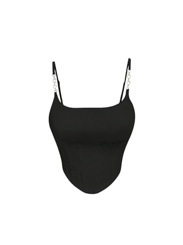 SOLY HUX Damen Sommer Cami Top Spaghettiträger Tops Elegant Oberteile mit Kette Trägertop Camishirt Schwarz L von SOLY HUX