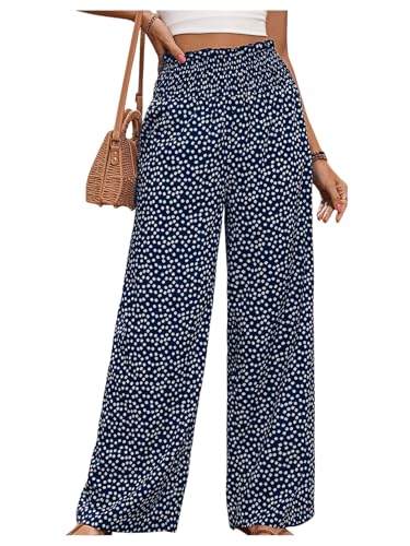 SOLY HUX Damen Sommer Hose Leicht Stoffhose Boho Casualhose Palazzo Hose Weite Hosen Freizeithose Strandhose Urlaubhose Dunkelblau XL von SOLY HUX