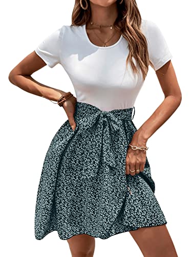 SOLY HUX Damen Sommer Kleid 2-in-1 Kleider A Linie Blüchen Minikleid Wickel Freizeitkleid Boho Faltenkleid mit Gürtel Weiß und Grün L von SOLY HUX