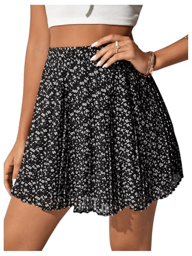 SOLY HUX Damen Sommer Rock Mini Blümchen Faltenrock Böhmisch Casualrock Sommerrock Partyrock Freizeitrock A Linie Röcke Schwarz und Weiß M von SOLY HUX