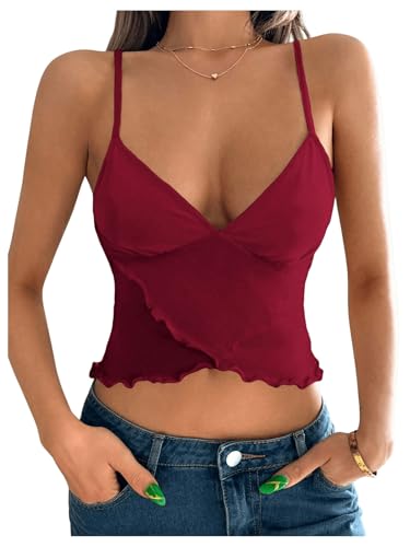 SOLY HUX Damen Sommer Tops Ärmelloses Trägertop Spaghettiträger Top V Ausschnitt Oberteile Y2K Rückenfrei Wickeltop Freizeittop Netztop Wellensaum Bordeaux XS von SOLY HUX