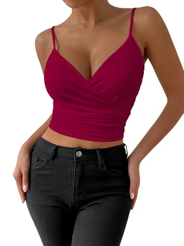 SOLY HUX Damen Spaghettiträger Top Bauchfrei Crop Top Camisole Träger Top Wickeln Sommertop Slim Casualtop Partytop Bordeaux L von SOLY HUX
