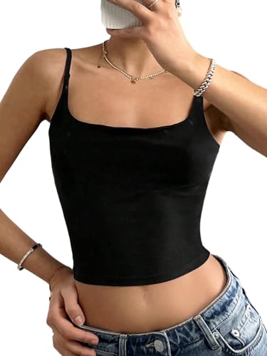 SOLY HUX Damen Spaghettiträger Top Bauchfreies Sommertop mit Spitze Ärmellose Oberteile Cami-Top Rückenfreies Spitzentop Elegant Eckiger Ausschnitt Partytop Schwarz L von SOLY HUX