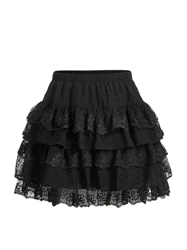 SOLY HUX Damen Spitzen Rock Minirock Kuchen Rock mit Rüschen Kurz Partyrock Hohe Taille Freizeitrock Mehrschichtiger Unterrocck Schwarz S von SOLY HUX