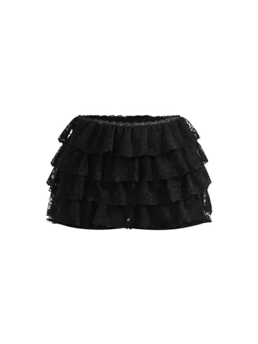 SOLY HUX Damen Spitzen Short Kurz Hose Drop Waist Casualshort Y2K Mehrlagiger Hosenrock Untershort Schwarz L von SOLY HUX
