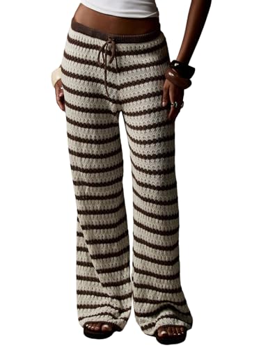 SOLY HUX Damen Streifen Hose Elegant Strickhose Elastisch Palazzo Hose mit Kordelzug Gehäkelte Freizeithose Herbst Causalhose Braun M von SOLY HUX
