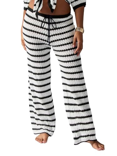 SOLY HUX Damen Streifen Hose Elegant Strickhose Elastisch Palazzo Hose mit Kordelzug Gehäkelte Freizeithose Herbst Causalhose Schwarz M von SOLY HUX