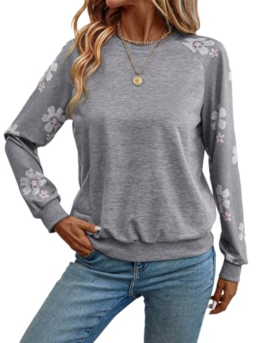 SOLY HUX Damen Sweatshirt Langarm Shirt mit Blumemuster Pullover Rundhals Casual Oberteil Langarmtop Herbst Outfit Langarmshirt Pulli Grau L von SOLY HUX