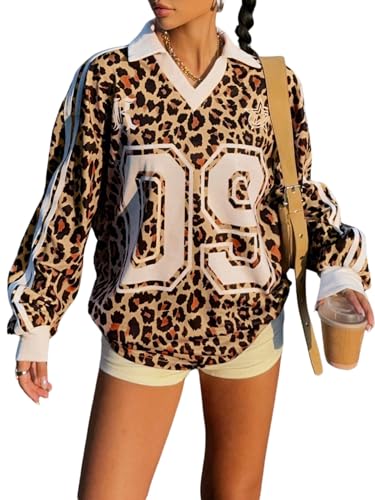 SOLY HUX Damen Sweatshirt Loose Pullover Leopardenmuster Y2K Langarmshirt Pulli Langarm Oberteil Streatwear Herbst Outfit Braun L von SOLY HUX
